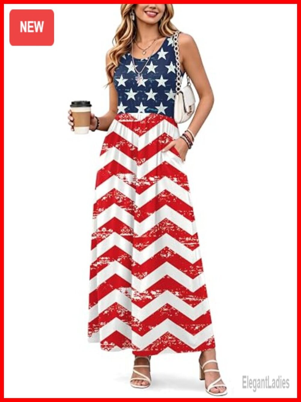 4th of July Maxi Dress Sleeveless Long Dress with Pockets
